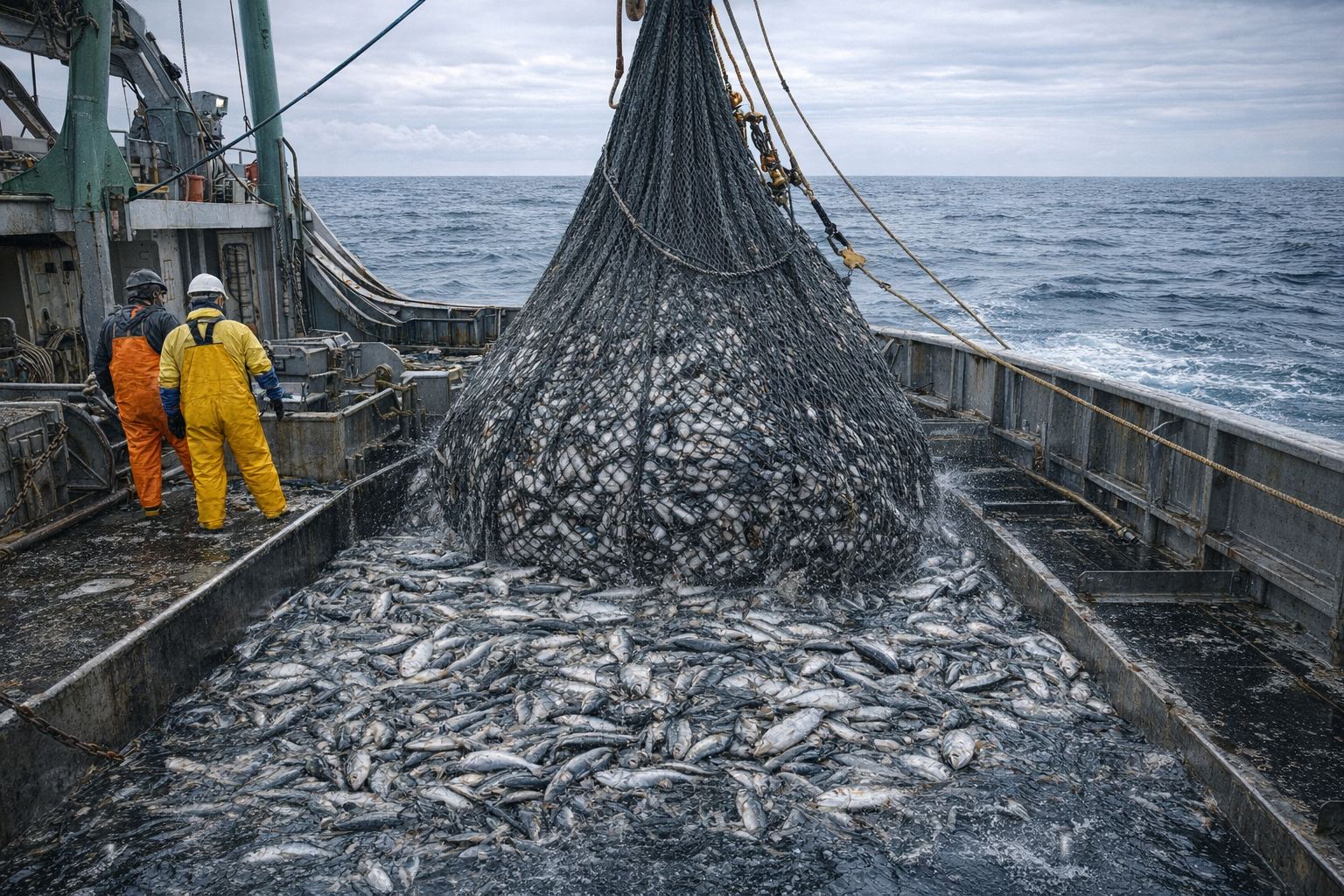 Peche industrielle et filet rempli de poissons