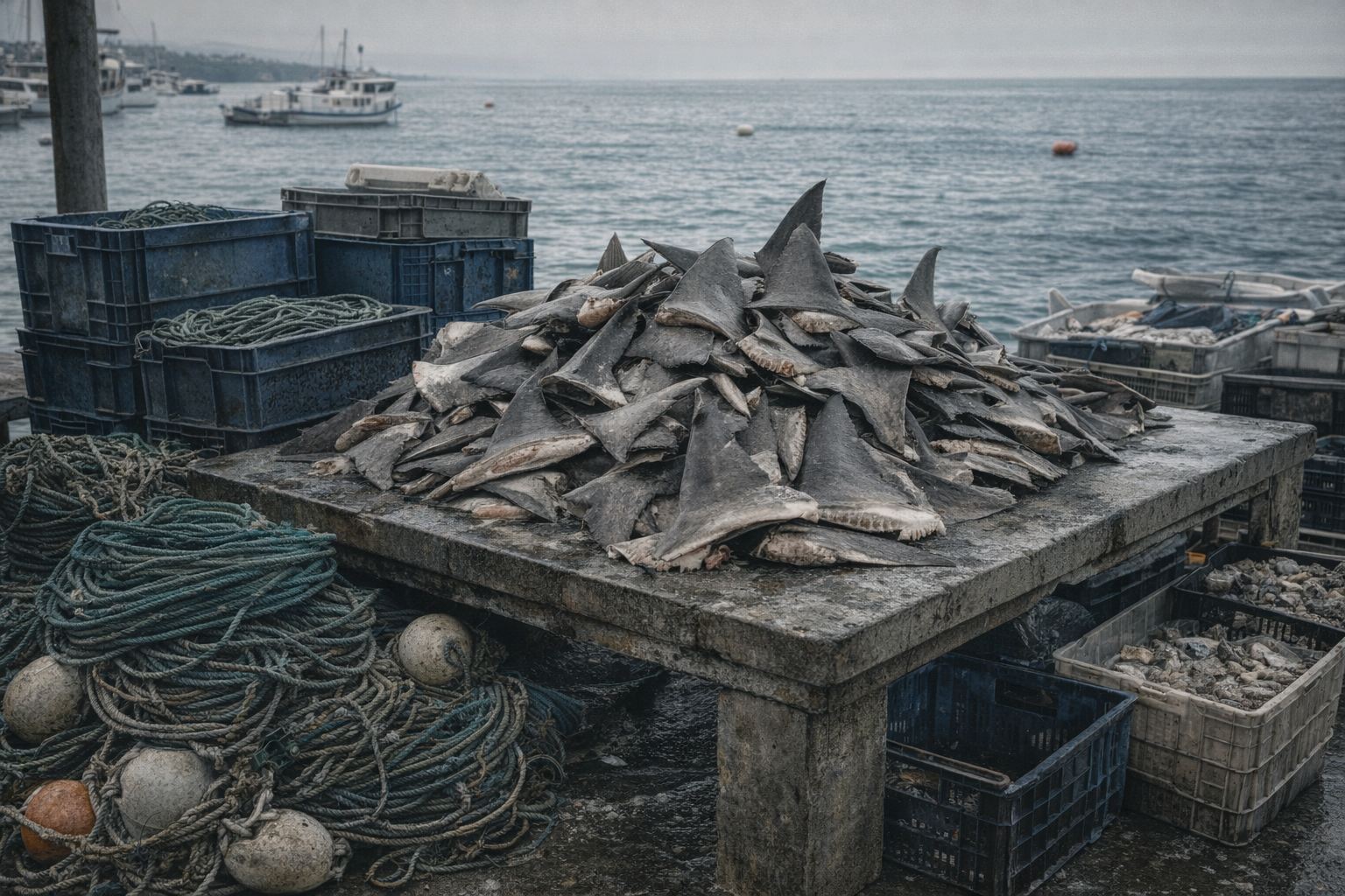 Commerce destructeur symbolise par des ailerons de requins et du materiel de peche