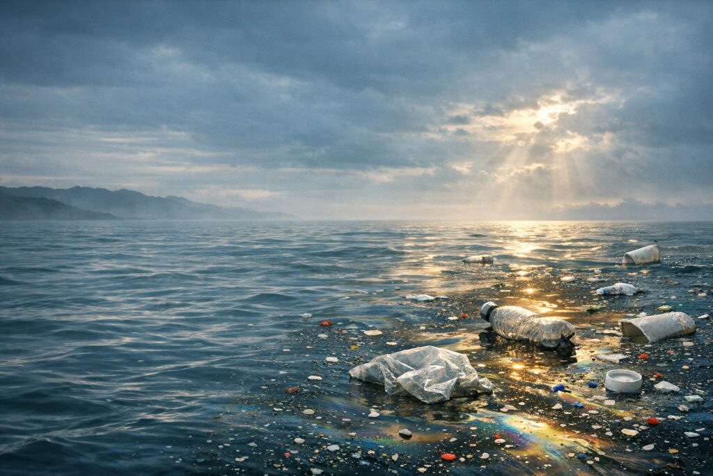 Ocean pollue par des dechets plastiques et une nappe irisee