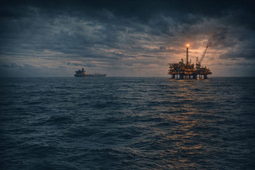 Plateforme petroliere et tanker sur une mer sombre